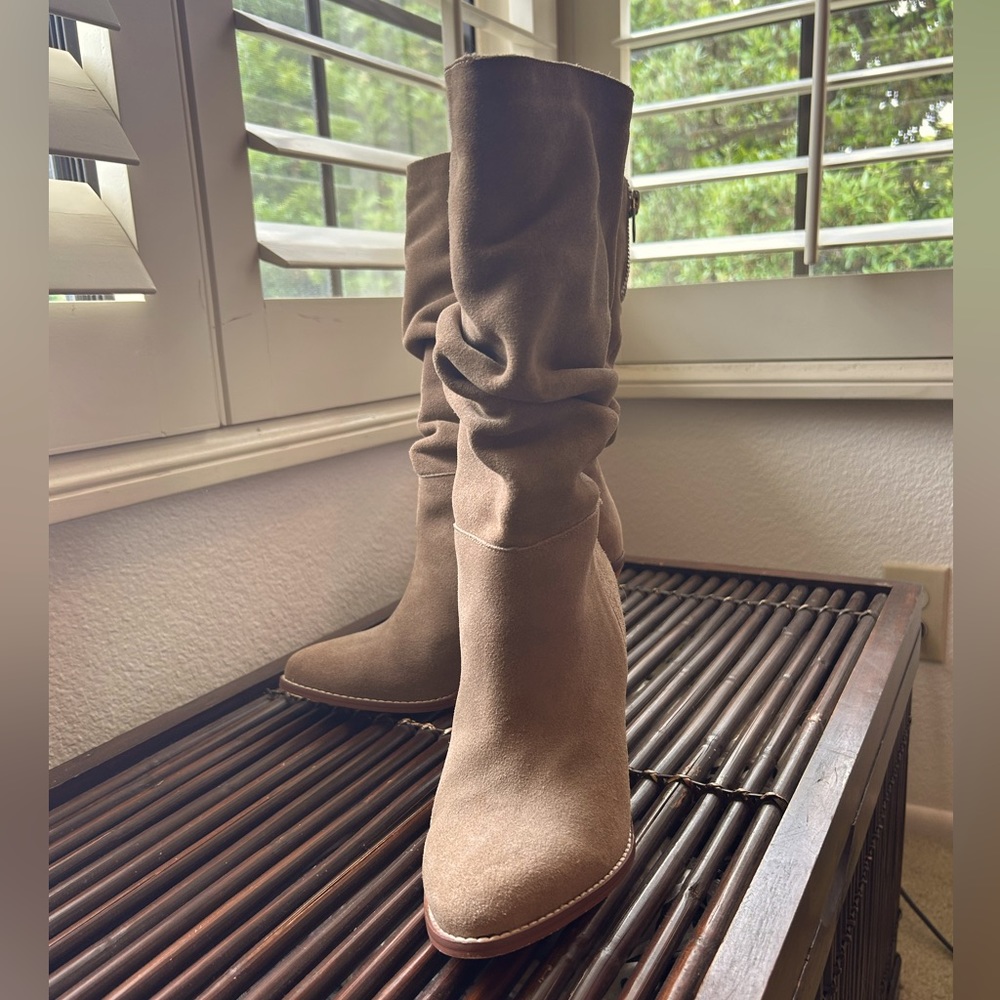 Chinese Laundry Slouchy Mid-Calf Heeled Boots in Taupe